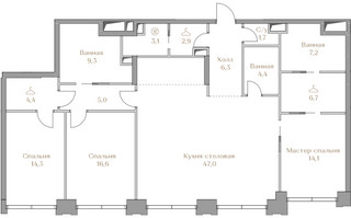 Планировка трехкомнатной(квартира) площадью 143 квадратных метров в “ЖК Коллекция Лужники”