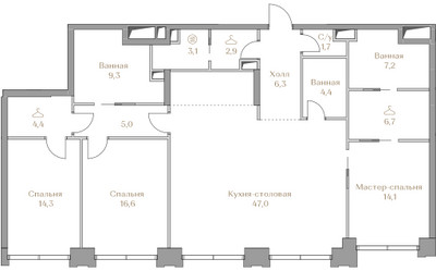 Планировка трехкомнатной(квартира) площадью 143 квадратных метров в ЖК “ЖК Коллекция Лужники”