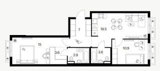 Планировка двухкомнатной(квартира) площадью 63.5 квадратных метров в “ЖК Саларьево парк”