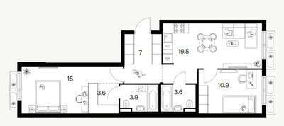 Планировка двухкомнатной(квартира) площадью 63.5 квадратных метров в ЖК “ЖК Саларьево парк”