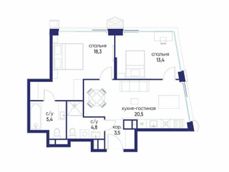 Планировка двухкомнатной(квартира) площадью 65.92 квадратных метров в ЖК “ЖК Остров”
