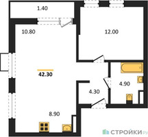 Планировка однокомнатной(квартира) площадью 42.3 квадратных метров в “ЖК Южные сады”