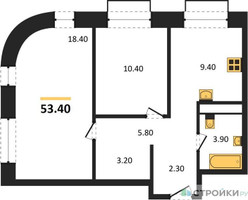 Планировка двухкомнатной(квартира) площадью 53.4 квадратных метров в “ЖК Шагал”