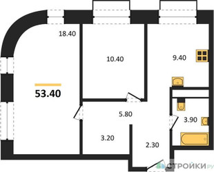 Планировка двухкомнатной(квартира) площадью 53.4 квадратных метров в ЖК “ЖК Шагал”