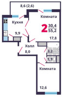 Планировка двухкомнатной(квартира) площадью 55.2 квадратных метров в “ЖК Лобня Сити”