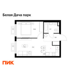 Планировка однокомнатной(квартира) площадью 35.6 квадратных метров в ЖК “ЖК Белая Дача парк”