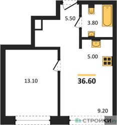 Планировка однокомнатной(квартира) площадью 36.6 квадратных метров в ЖК “ЖК Moments (Моментс)”
