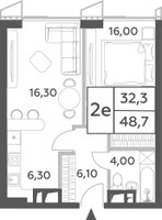 Планировка двухкомнатной(квартира) площадью 48.7 квадратных метров в “ЖК Will Towers (Вилл Тауэрс)”