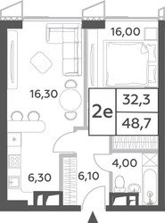 Планировка двухкомнатной(квартира) площадью 48.7 квадратных метров в ЖК “ЖК Will Towers (Вилл Тауэрс)”