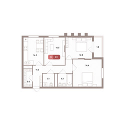 Планировка трехкомнатной(квартира) площадью 80.1 квадратных метров в ЖК “ЖК Проспект 39”