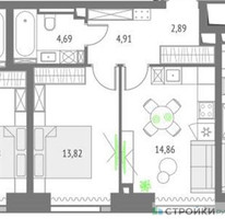 Планировка однокомнатной(квартира) площадью 41.17 квадратных метров в “ЖК Upside Towers (Апсайд Тауэрс)”