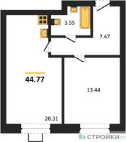 Планировка однокомнатной(квартира) площадью 44.77 квадратных метров в “ЖК Мечта”