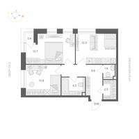 Планировка двухкомнатной(апартаменты) площадью 53.9 квадратных метров в “ЖК ARTEL (Артель)”