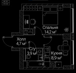 Планировка однокомнатной(квартира) площадью 31.7 квадратных метров в ЖК “ЖК СЕЗАР БУДУЩЕЕ”