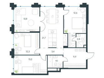 Планировка 4+ комнатной(квартира) площадью 94.6 квадратных метров в ЖК “ЖК Level Бауманская”