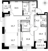Планировка 4+ комнатной(квартира) площадью 91.4 квадратных метров в “ЖК 1-й Саларьевский (Первый Саларьевский)”