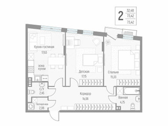 Планировка двухкомнатной(квартира) площадью 73.6 квадратных метров в ЖК “ЖК Эльйон”