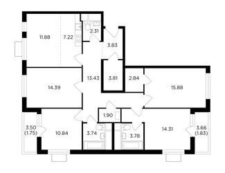 Планировка 4+ комнатной(квартира) площадью 114 квадратных метров в ЖК “ЖК Одинград”