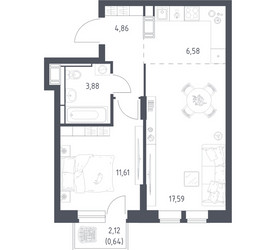 Планировка однокомнатной(квартира) площадью 45.16 квадратных метров в ЖК “ЖК Большое Путилково”