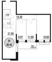 Планировка трехкомнатной(квартира) площадью 86.46 квадратных метров в “ЖК Солнечный парк”