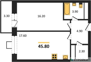 Планировка однокомнатной(квартира) площадью 44.2 квадратных метров в “ЖК Идеал”