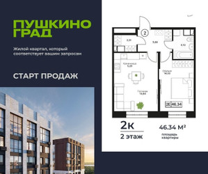 Планировка двухкомнатной(квартира) площадью 46.34 квадратных метров в ЖК “ЖК Пушкино Град”