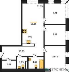 Планировка трехкомнатной(квартира) площадью 68.21 квадратных метров в ЖК “ЖК Цветочные Поляны Сити”