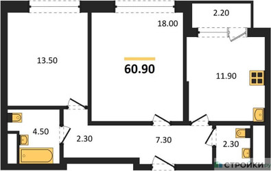 Планировка двухкомнатной(квартира) площадью 60.9 квадратных метров в ЖК “Квартал Филатов луг”