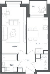 Планировка однокомнатной(квартира) площадью 35.2 квадратных метров в ЖК “ЖК Равновесие”