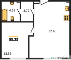 Планировка однокомнатной(апартаменты) площадью 53.5 квадратных метров в “ЖК CULT (Культ)”
