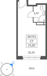 Планировка студии(апартаменты) площадью 23.82 квадратных метров в ЖК “ЖК Волковская 67”
