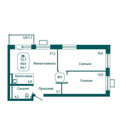 Планировка двухкомнатной(квартира) площадью 69.1 квадратных метров в ЖК “ЖК Андреевка Life (Андреевка Лайф)”