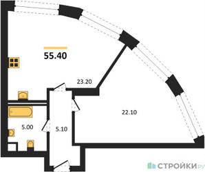 Планировка однокомнатной(квартира) площадью 55.4 квадратных метров в ЖК “ЖК Нагатино Ай-Лэнд”