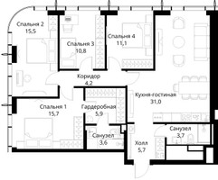 Планировка 4+ комнатной(квартира) площадью 107.2 квадратных метров в “ЖК Сити Бэй”