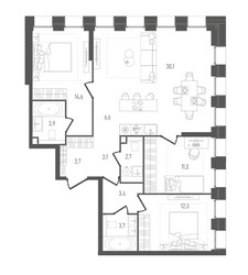 Планировка трехкомнатной(квартира) площадью 95.4 квадратных метров в ЖК “ЖК ПЕЙВ”