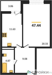 Планировка однокомнатной(квартира) площадью 47.44 квадратных метров в ЖК “ЖК Riga Hills (Рига Хиллс)”
