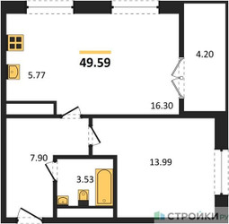 Планировка однокомнатной(квартира) площадью 49.59 квадратных метров в ЖК “ЖК Дюна”