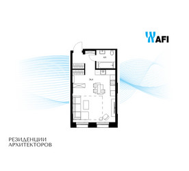 Планировка однокомнатной(апартаменты) площадью 39 квадратных метров в ЖК “ЖК Резиденции Архитекторов”