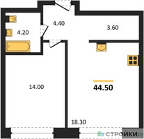 Планировка однокомнатной(квартира) площадью 44.5 квадратных метров в “ЖК Mariinn Park (Мариин Парк)”