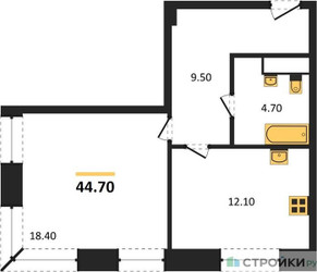 Планировка однокомнатной(апартаменты) площадью 44.7 квадратных метров в ЖК “ЖК Мираполис”