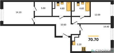 Планировка двухкомнатной(квартира) площадью 70.7 квадратных метров в ЖК “ЖК Детали”