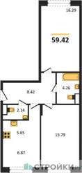 Планировка двухкомнатной(квартира) площадью 59.42 квадратных метров в ЖК “ЖК Движение. Говорово”