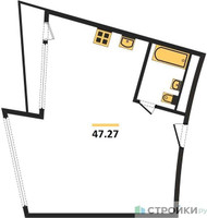 Планировка однокомнатной(апартаменты) площадью 47.27 квадратных метров в “ЖК Клубный дом Рублево”