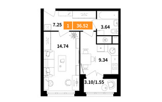 Планировка однокомнатной(квартира) площадью 36.5 квадратных метров в “ЖК Планерный Квартал”