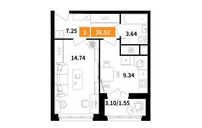 Планировка однокомнатной(квартира) площадью 36.5 квадратных метров в ЖК “ЖК Планерный Квартал”