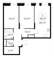 Планировка двухкомнатной(квартира) площадью 69.1 квадратных метров в “ЖК Первый Московский”
