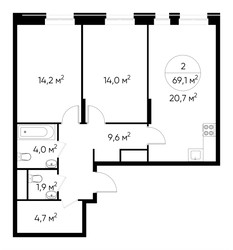 Планировка двухкомнатной(квартира) площадью 69.1 квадратных метров в ЖК “ЖК Первый Московский”