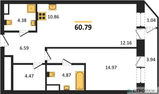 Планировка однокомнатной(квартира) площадью 60.79 квадратных метров в “Квартал Foriver”