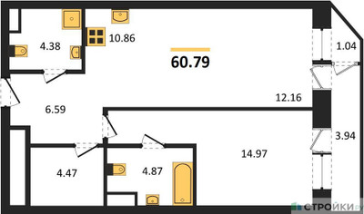 Планировка однокомнатной(квартира) площадью 60.79 квадратных метров в ЖК “Квартал Foriver”