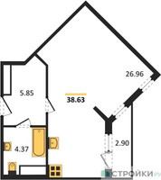 Планировка студии(квартира) площадью 38.63 квадратных метров в “ЖК Светлый мир БиоПолис”